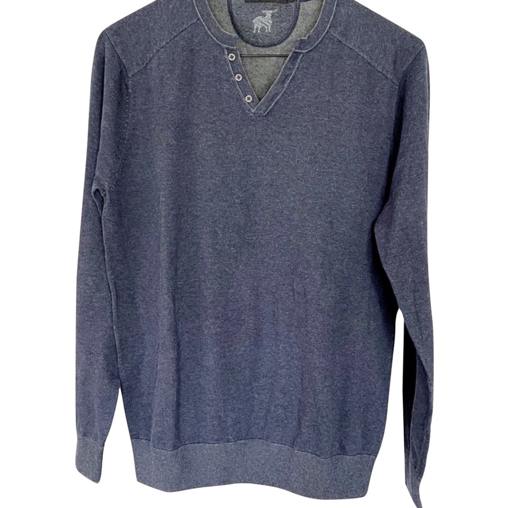 RAFFI Cotton Reversible Elbow Patch Henley Sweater Blue Grey Size Medium NWT